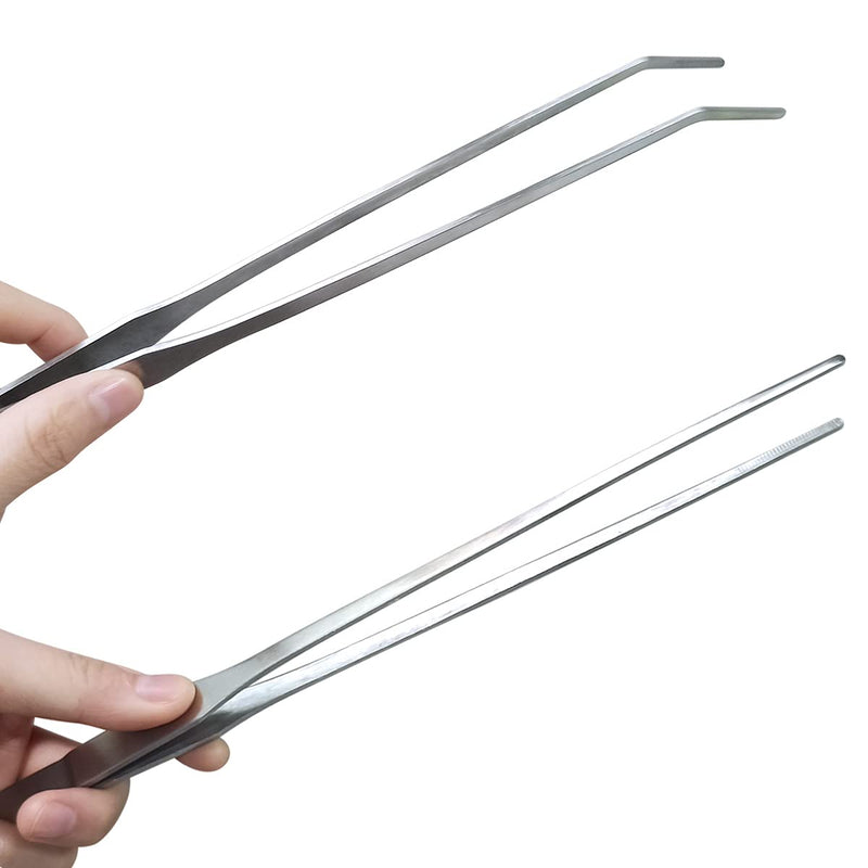 2 Pcs Feeding Tongs, Aquarium Tweezers Stainless Steel Straight and Curved Tweezers Set 27cm/10.6 inches Aquascaping Tools for Hold Worms, Reptiles, Lizards, Bearded Dragon (Silver) - BeesActive Australia