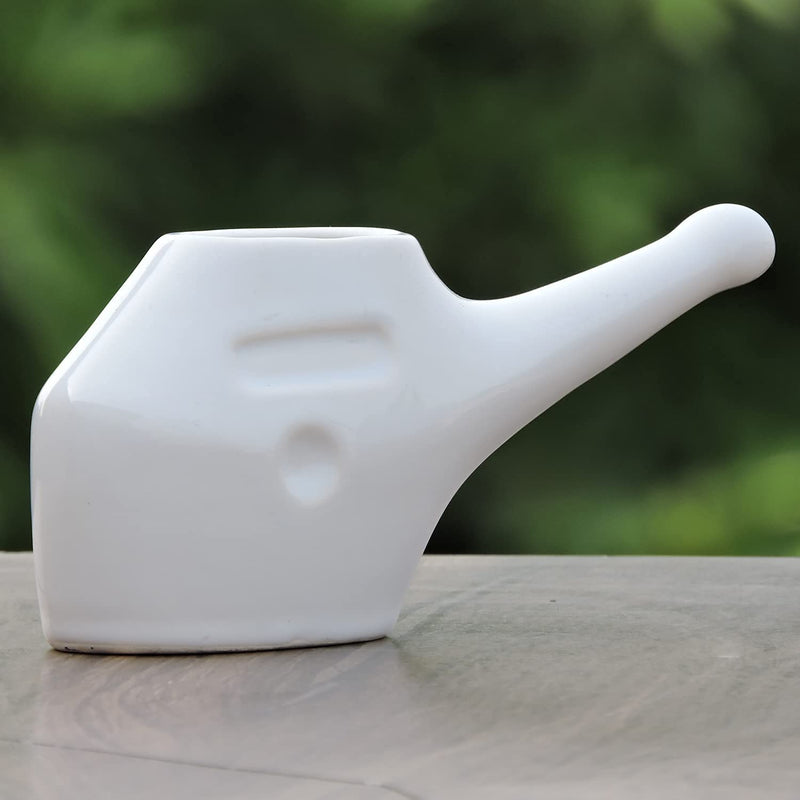 AncientImpex Traveller's Ceramic Neti Pot for Nasal Cleansing with 10 Sachets Neti Salt, White - BeesActive Australia