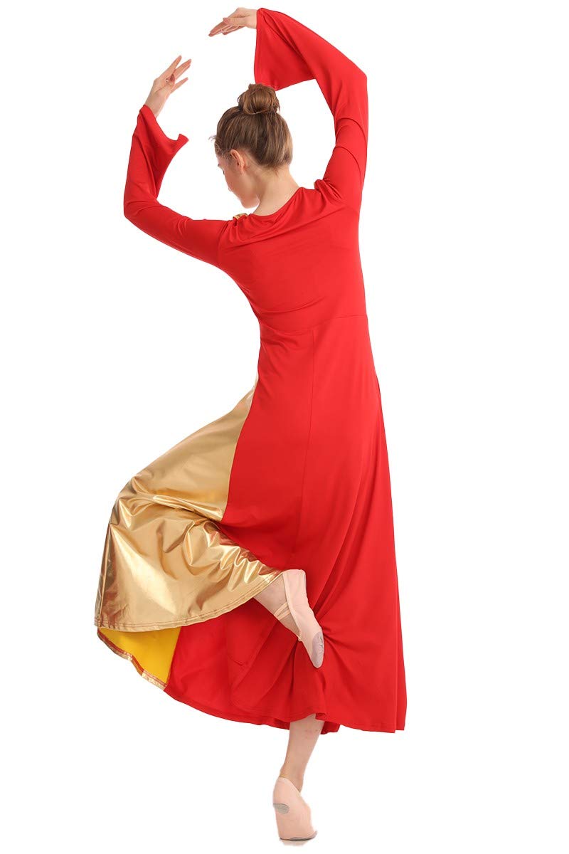 [AUSTRALIA] - REXREII Womens Bell Sleeve V-Shaped Ruffle Worship Praise Dress Bi Color Skirt Full Length Liturgical Lyrical Dancewear Red Large 