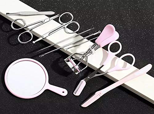 LETB 10Pcs Travel Eybrow Scissor, Razor, Mirror,Comb,Tweezer,Eyelash curler Set with Pimple Remover Tools in Pink Color for Girlsor Women - BeesActive Australia