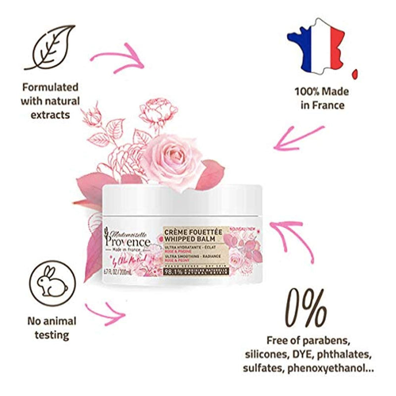 Mademoiselle Provence Shea Butter Souffle Whipped Body Cream with Organic Rose and Peony, Ultra-Rich Natural Nourishing Smoothing Vegan Body Balm, Dry Sensitive Skin, Made in France, 6.7 fl oz - BeesActive Australia