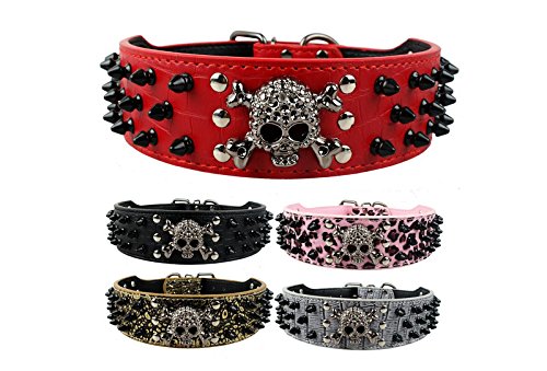 Dogs Kingdom Skull Punk Style Spiked Studded Pu Leather Dog Collars Pitbull Boxer Mastiff Pet Collar Medium Black - BeesActive Australia