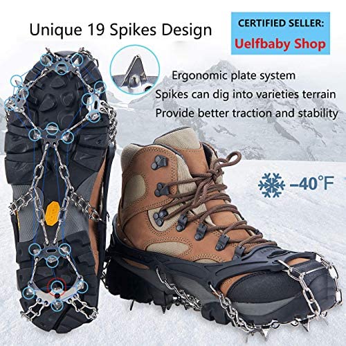 Uelfbaby Crampons Upgraded 19 Spikes Ice Snow Grips Traction Cleats System Safe Protect for Walking, Jogging, or Hiking on Snow and Ice (Fit S/M/L/XL/XXL Shoes/Boots) black Medium - BeesActive Australia