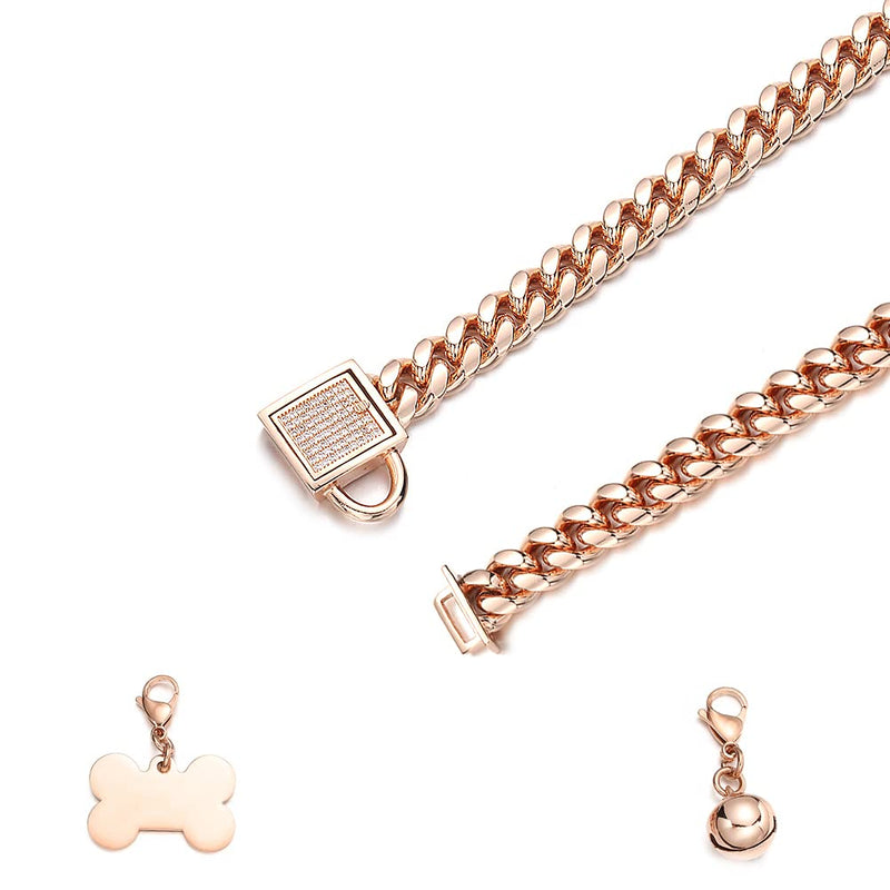 Aiyidi Rose Gold Dog Chain Collar with CZ Design Buckle Stainless Steel Metal Cuban Link Chain Collar for Dog Boys Girls Bling Collars with Dog Tag Bell Training Walking Collar Chain wide: 10mm 10inches(Fits dog's neck 8''-9.5'') - BeesActive Australia