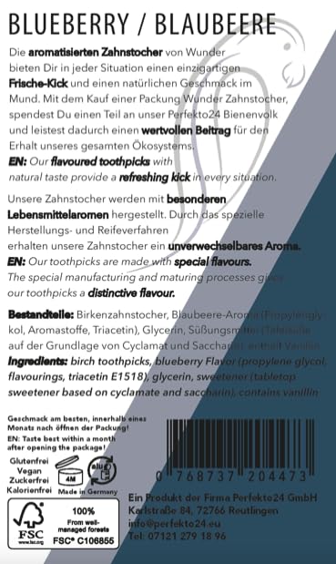 Wonder Toothpicks - Flavoured Toothpicks - Gum Substitute - Combat Bad Breath - Stop Nail Biting - Freshen Breath with Flavoured Toothpicks - Sugar-Free (Blueberry) BLUEBERRY - BLAUBEERE - BeesActive Australia
