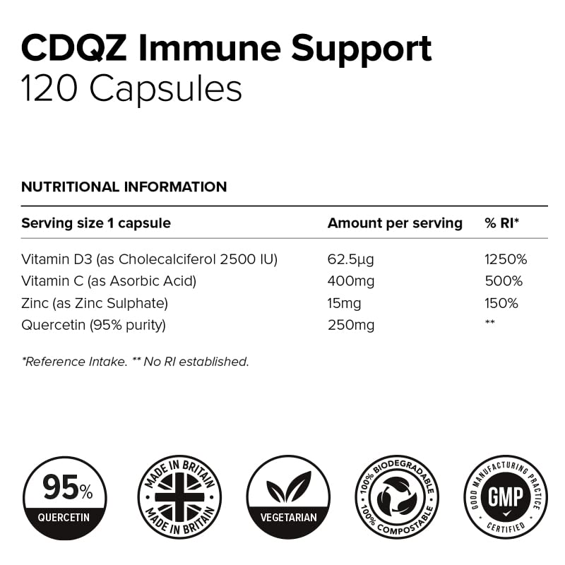 CDQZ - Quercetin, Zinc, Vitamin C, Vitamin D3 - Immune Support - 120 Capsules - Plastic-Free compostable Plant-Based Packaging - BeesActive Australia