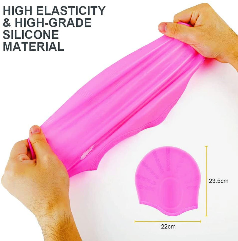 Silicone Swim Caps for Long Hair, Cover Ears Swimming Caps with 3D Ear Pockets or Adult Youths, Flexible Waterproof Swimming Caps for Women #2 Upgrade-rose red - BeesActive Australia