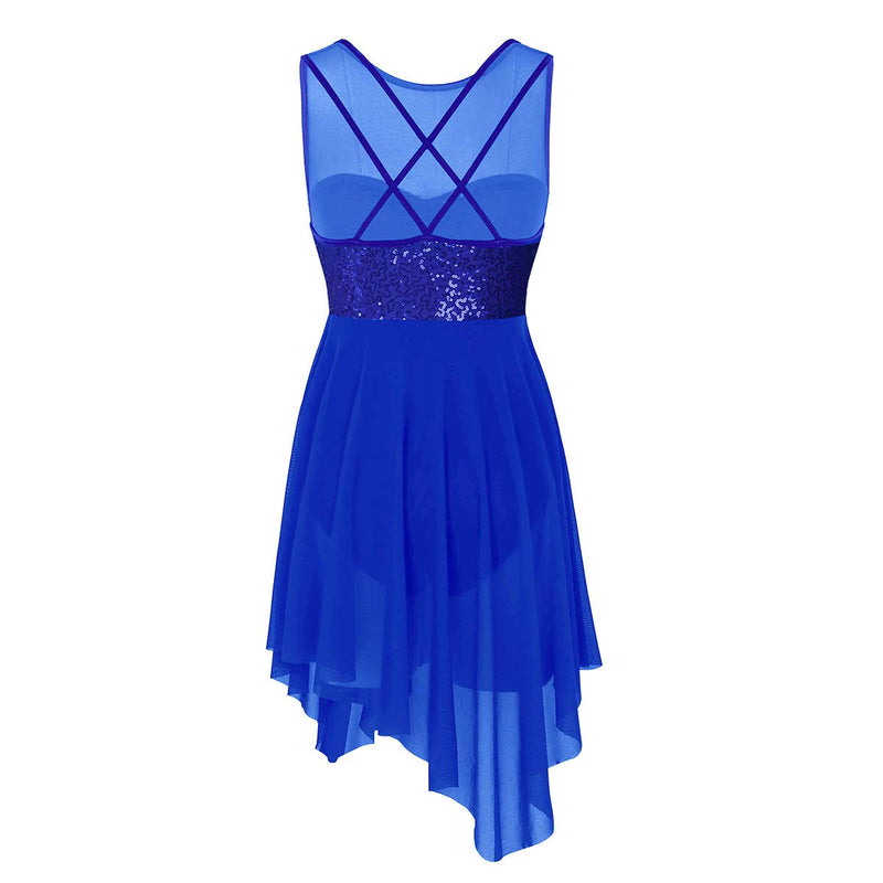 [AUSTRALIA] - Agoky Women's Illusion Mesh Sequined Lyrical Dance Costume Dresses Modern Contemporary High Low Skirted Leotard Blue Large 