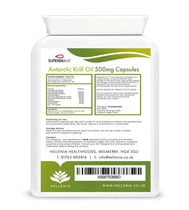 Hellenia Superba Krill� 100% Antarctic Krill Oil Capsules 500mg | Natural Source of Astaxanthin & DHA | Highest Purity, Lowest Sodium, 1 Month Supply - BeesActive Australia