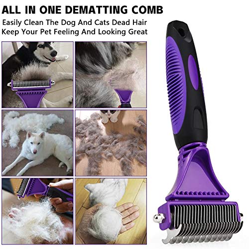 Dog Dematting Tool - Dematting Comb with 2 Sided Undercoat Rake for Cats & Dogs Safe Grooming Rake Tool for Easy Mats & Tangles Removing No More Nasty Shedding and Flying Hair (Purple) PURPLE - BeesActive Australia