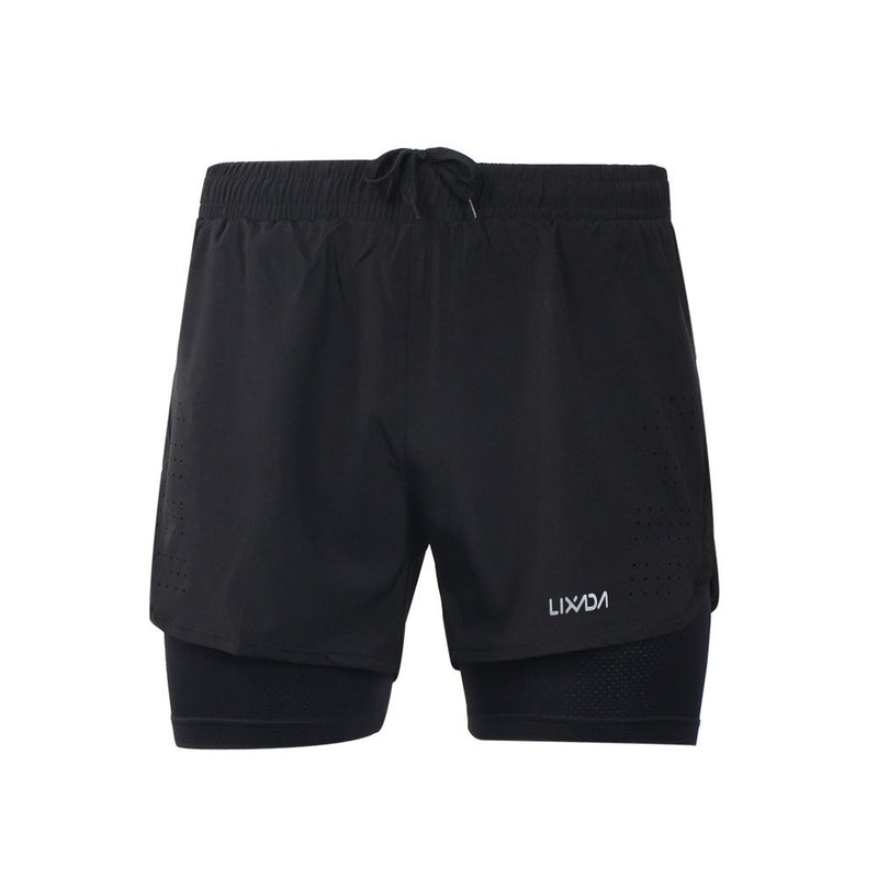 [AUSTRALIA] - Lixada Men's 2-in-1 Running Shorts Quick Drying Breathable Active Training Exercise Jogging Cycling Shorts Black Large 