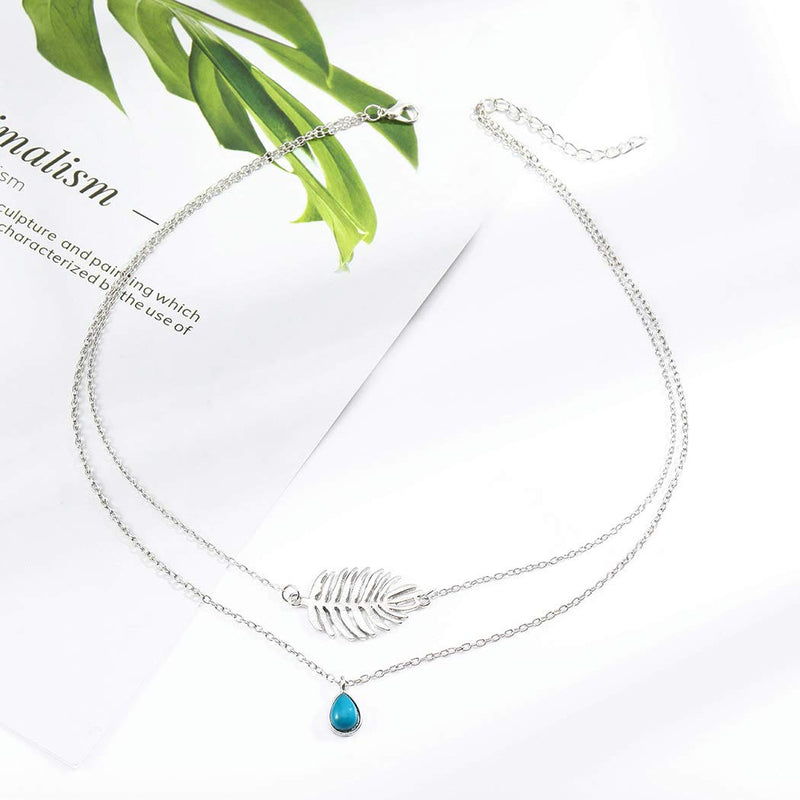 Bmirth Boho Layering Leaf Neckalces Silver Short Turquoise Pendant Necklace Chain Jwewelry for Women and Girls for Women and Girls - BeesActive Australia