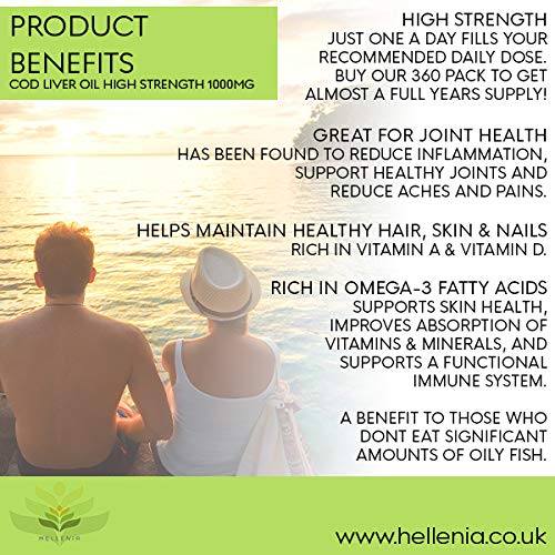 Hellenia Cod Liver Oil Capsules High Strength 1000mg | 360 Fish Oil Capsules - One Year Supply | Rich Source of Omega 3 Essential Fatty Acids - BeesActive Australia