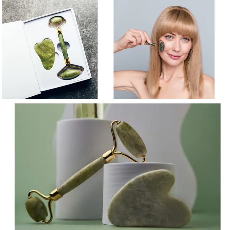 Marble Jade Roller & GUA SHA Boxed Set & 1 Kabuki Brush- Glow Boosting, De-Puffing, Deep Moisture Massage, Lifting & Tightening (1 Set) 1 Set - BeesActive Australia