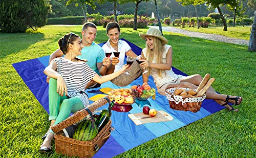 WIWIGO Beach Blanket, Sandproof Beach Mat 79" X 83" for 4-7 Adults Waterproof Quick Drying Outdoor Picnic Mat for Travel, Camping, Hiking Blue - BeesActive Australia