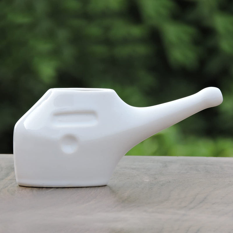 AncientImpex Traveller's Ceramic Neti Pot for Nasal Cleansing with 10 Sachets Neti Salt, White - BeesActive Australia