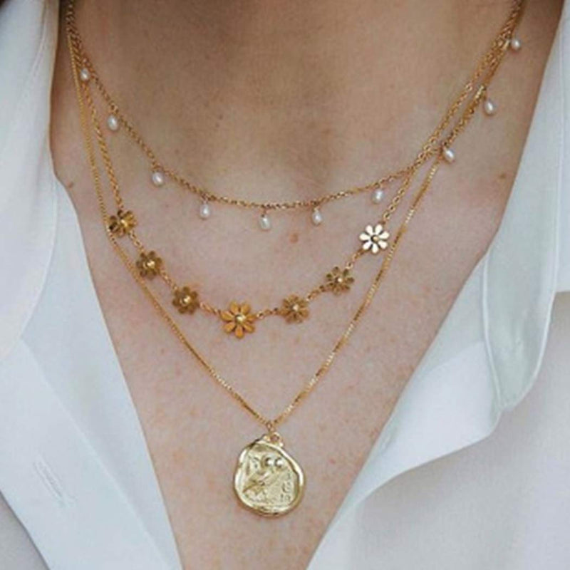 Funyrich Boho Layered Beads Necklace Chain Gold Flower Necklaces Pendant Jewelry for Women and Girls - BeesActive Australia