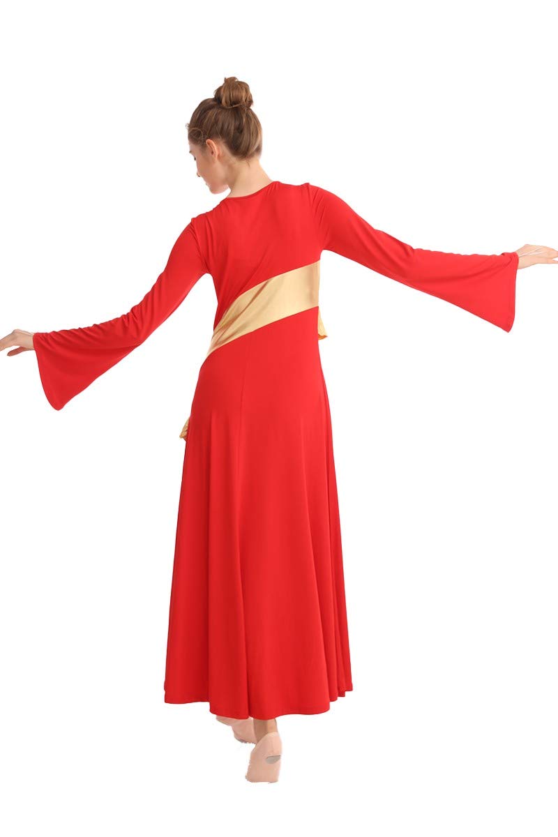 [AUSTRALIA] - MYRISAM Women Metallic Gold Liturgical Praise Worship Long Sleeve Dress Full Length Loose Fit Ruffle Pleated Dancewear Red Medium 