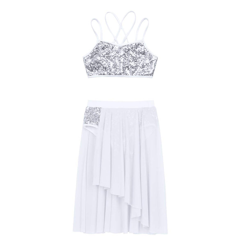 [AUSTRALIA] - inlzdz Kids Girls Two-Pieces Dance Set Shiny Sequins Crop Tops Irregular Skirts Lyrical Ballet Modern Dancewear Ivory 8 / 10 