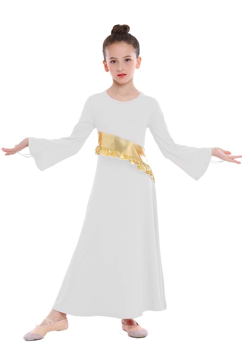 [AUSTRALIA] - MYRISAM Girls Metallic Gold Liturgical Praise Worship Long Sleeve Dress Full Length Loose Fit Ruffle Pleated Dancewear White 14-15 Years 