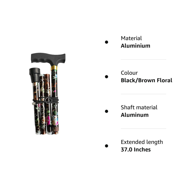 Deluxe Folding Compact 4-part Ladies Walking Stick, Stunning Floral Print with a Unique Ergonomic Easy-Grip Moulded Handle and Adjustable Height Walking Cane for Women - 32.5” – 37” Black/Brown Floral - BeesActive Australia