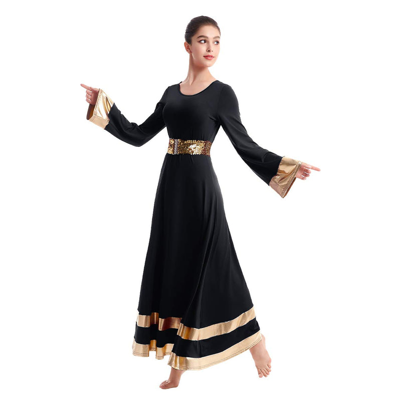 [AUSTRALIA] - IBAKOM Womens Long Sleeve Tunic Robe Worship Praise Liturgical Full Dance Dress Ballet Costume with Sequins Belt Black+gold X-Large 