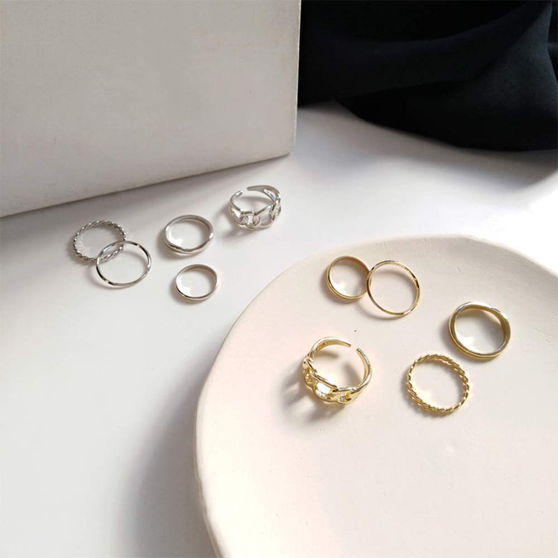 YERTTER Set of 5 Personality Ring Set Open Ring Index Finger Ring Chain Buckle Joint Ring Retro Mid Rings for Women and Girls (Gold) Gold - BeesActive Australia