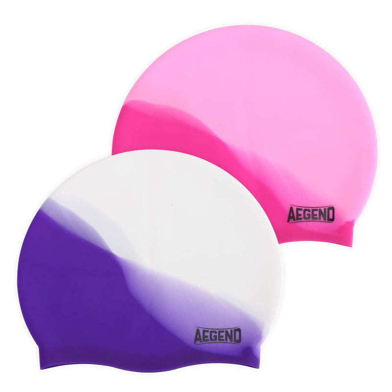[AUSTRALIA] - Aegend 2 Pack Swim Cap for (Age 2-12), Durable Silicone Swimming Cap for Kids Youths, Comfortable Fit for Long Hair and Short Hair, 6 Colors Bright Purple & Pink Medium (age 5-10) 
