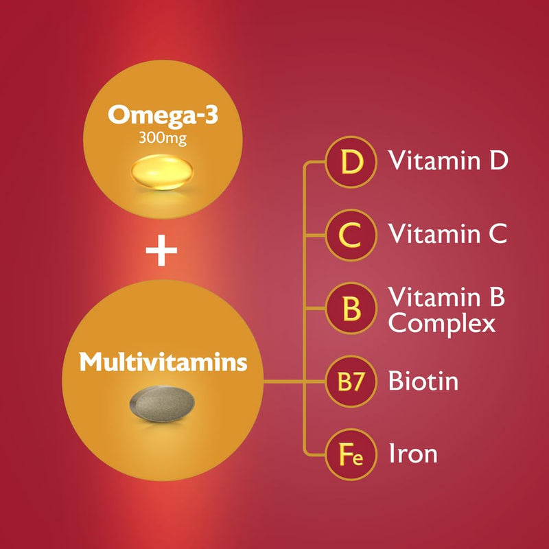 Seven Seas Omega-3 & Multivitamins Woman, With Biotin and Iron, 30-Day Duo Pack, 30 Omega-3 Capsules and 30 Multivitamin Tablets - BeesActive Australia