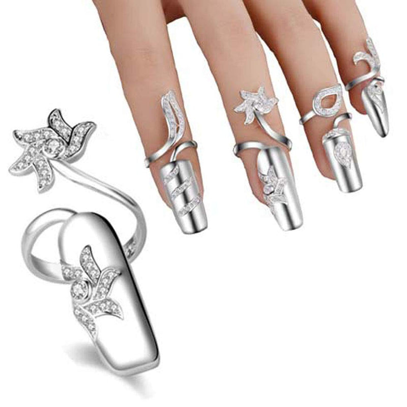 Suoirblss 4 PCS Rhinestone Finger Tip Nail Ring Adjustable Opening Nail Art Charms Accessories Silver Women's Fashion Protecting Fingernail - BeesActive Australia