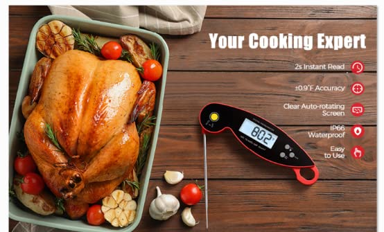 CGZZ Thermometer, Digital Meat Thermometer, Red, 4.6'' Folding Probe, 2-3S Instant Read Backlight and Magnet, IP67 Waterproof - BeesActive Australia