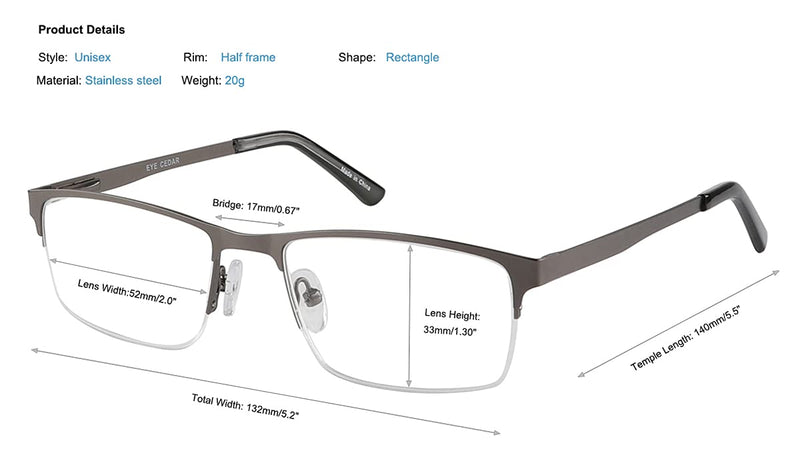 Eyecedar 5-Pack Reading Glasses Men Blue Light Blocking Half Frame Rectangle Style Spring Hinges Readers 2.00 Metal Grey 2.0 x - BeesActive Australia