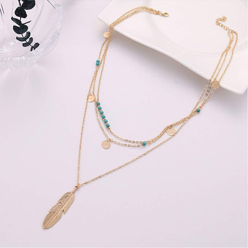 Hannah Boho Turquoise Layered Necklaces Gold Short Sequins Pendant Necklaces Chain Jewelry for Women and Girls - BeesActive Australia