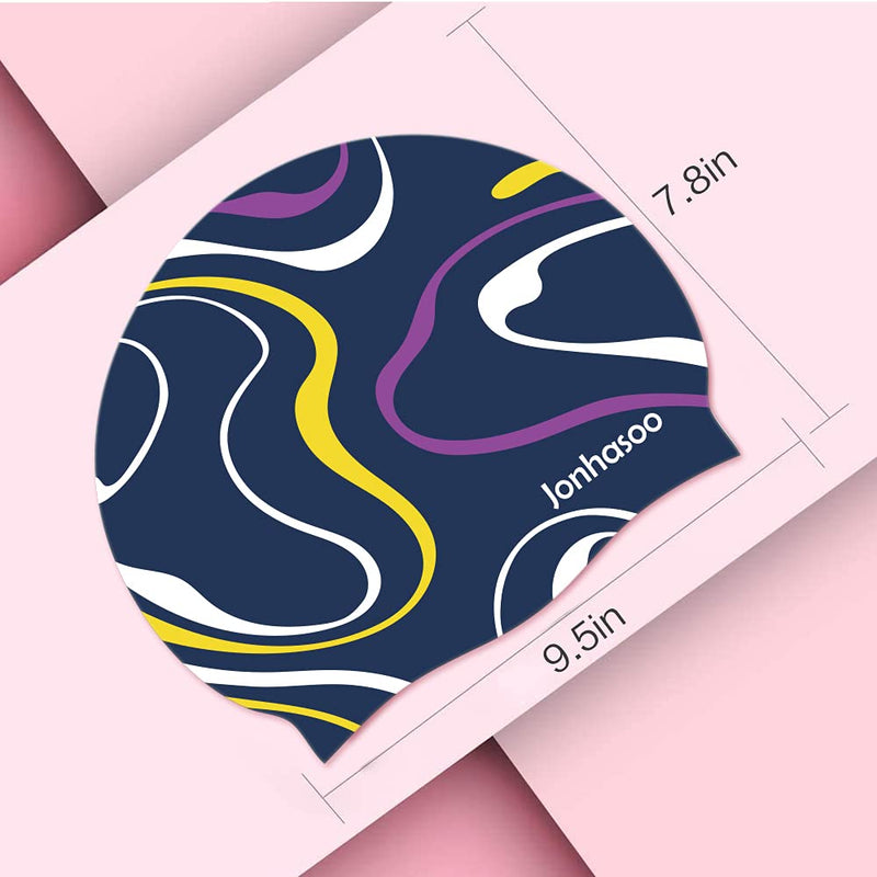 Jonhasoo Silicone Swim Cap for Women, Waterproof Long Hair Swimming Caps with Color Stripe Printed Navy - BeesActive Australia