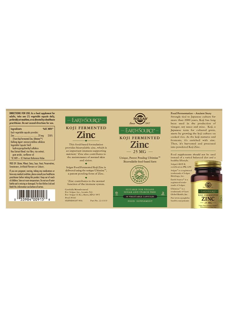 Solgar� EarthSource Food-Fermented Koji Zinc 25mg - Pack of 30 - Immune System Support - Supports Healthy Skin, Hair and Nails - BeesActive Australia