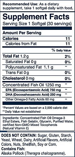 Wiley’s Finest Peak EPA 1000mg EPA + DHA Omega-3 Per Capsule - High Potency Wild Alaskan Fish Oil IFOS Certified Fish Gelatin Capsules 30 Count - BeesActive Australia