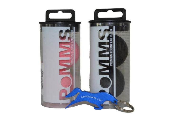 Pomms Equine Ear Plugs - Bundle of 2 Pairs of Horse Size - 1 Pair of Black and 1 Pair of Pink - Ear Plugs with a Horse Shaped Bottle Opener Keychain - BeesActive Australia