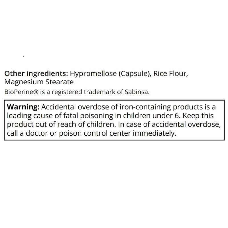 Pure Science Iron (as Ferrous Sulfate) 65mg with 5mg BioPerine - 60 Vegetarian Capsules - BeesActive Australia