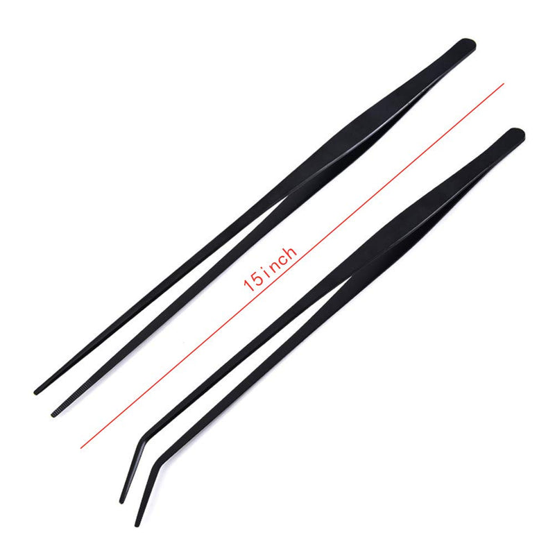 2 Pack Aquarium Forceps, 15 inch Long Handle Aquarium Tweezers Stainless Steel Straight and Curved Tweezers Set for Fish Tank Aquatic Plants Long Handle Reptile Feeding Tongs, Black - BeesActive Australia