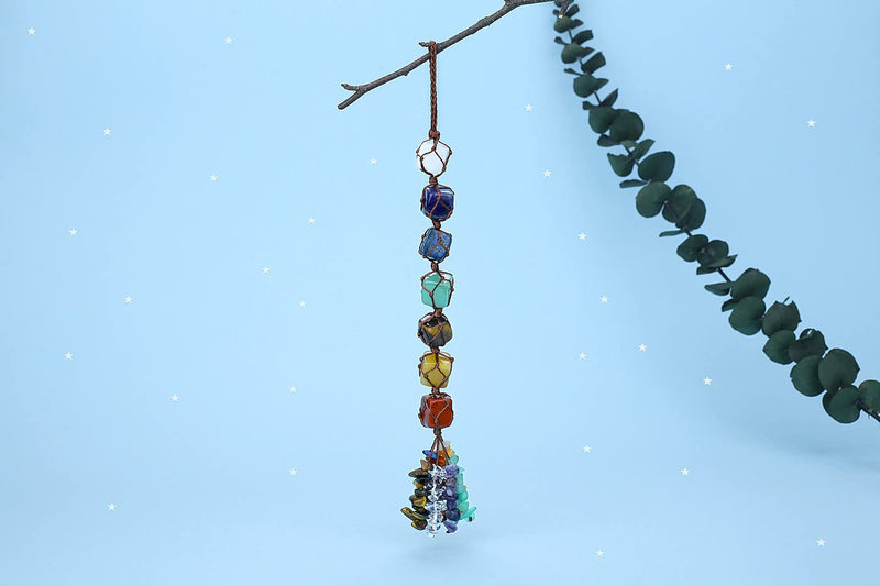 XIANNVXI 7 Chakra Healing Crystals Hanging Crystals Gemstones Decor Tumbled Stones Car Rearview Mirror Wall Hanging Reiki Crystal Gifts Seven Chakras - BeesActive Australia