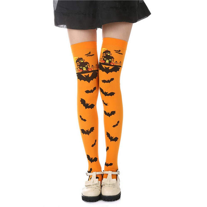 GTNINE Halloween Carnival Scary Castle Bat Thigh High Stockings for Women Girls Hold Up Stocking Over Knee Socks Orange - BeesActive Australia