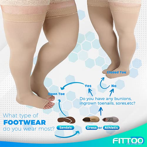 FITTOO 4XL Compression Socks Thigh High Stockings, 20-30mmHg Graduated Compression Socks Plus Size for Tired, Aching Legs Fatigue & Varicose Vein Relief, Sport, Wide Calf Ankle Sock Open & Closed Toe Beige-Closed Toe Large (1 Pair) - BeesActive Australia