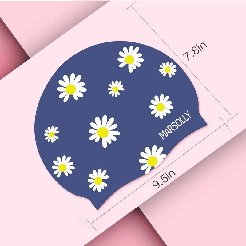 Marsolly Silicone Swim Cap for Women, Waterproof Long Hair Swimming Caps with Flower Printed Navy - BeesActive Australia