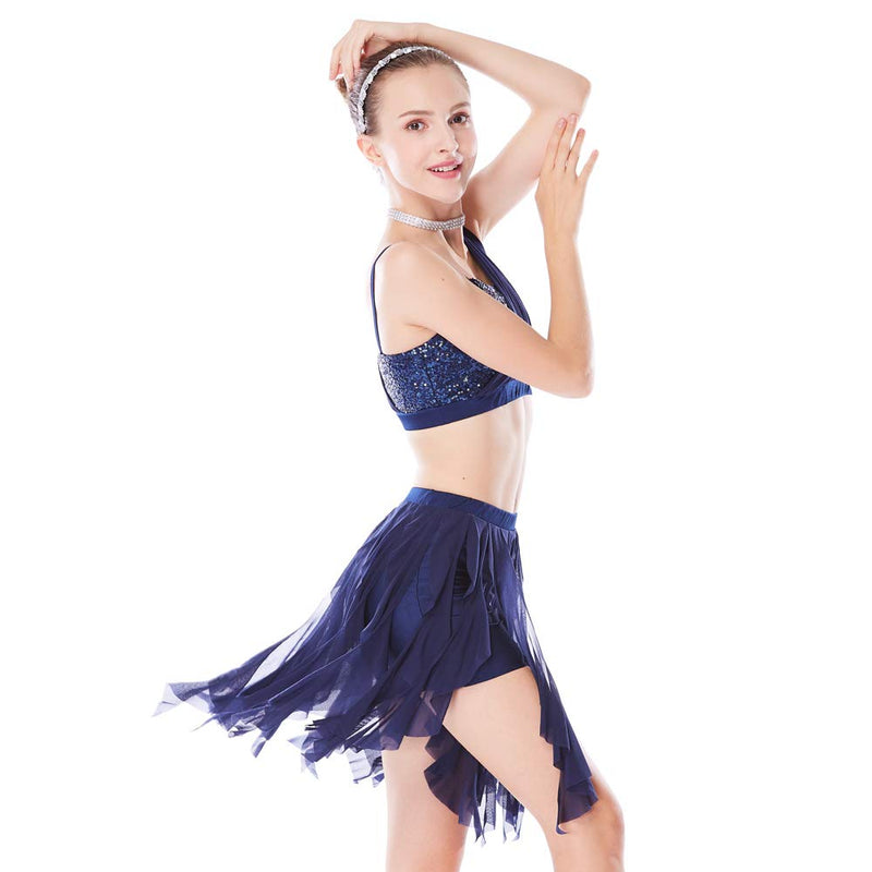 [AUSTRALIA] - MiDee 2 Pieces Sequins Diagonal-Neck Irreguar Latin Dress Dance Costume SA Navy Blue 