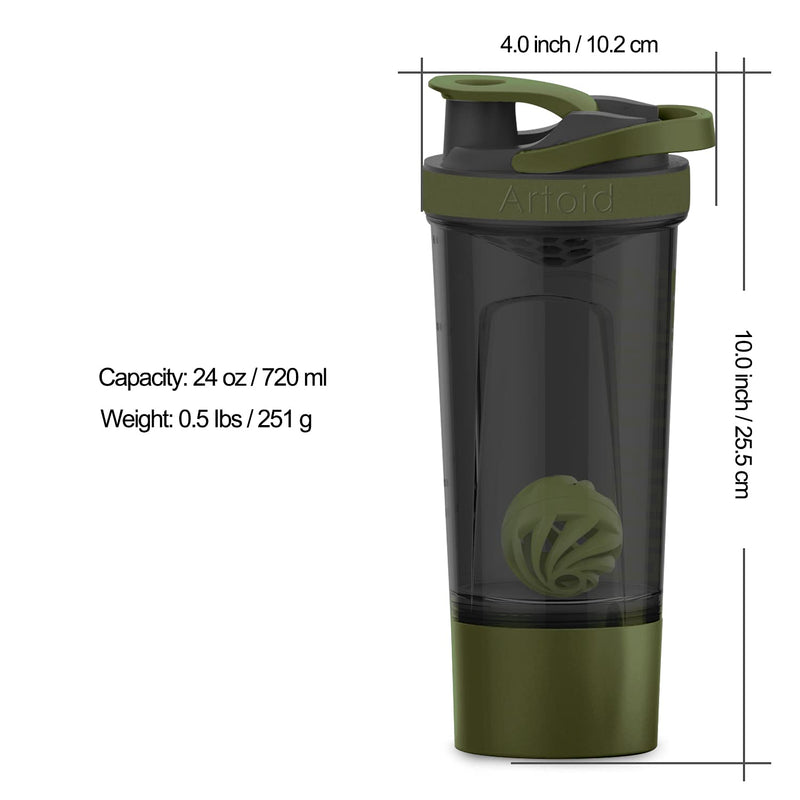 Artoid Mode 720ml Inspirational Sports Fitness Workout Protein Shaker Bottle with Twist and Lock Protein Box Storage, Dual Mixing Technology with Shaker Balls & Mixing Grids - BPA Free Black/Moss Green - BeesActive Australia