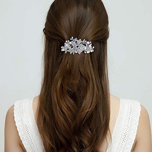 EVER FAITH Austrian Crystal Bridal Hibiscus Cream Simulated Pearl Hair Clip Barrette Silver-Tone Blue - BeesActive Australia