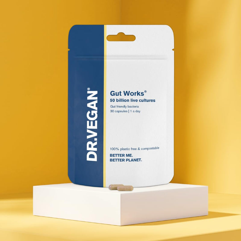 DR.VEGAN Gut Works� | 50bn Live Cultures | Pre & Probiotic | 30 Vegan Friendly Capsules | One-A-Day | 6 clinically studied strains - BeesActive Australia