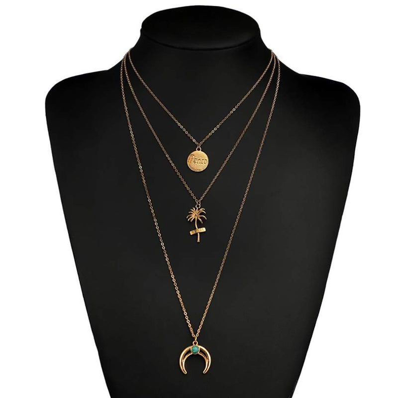 Campsis Gold Moon Pendant Necklace Multi Layered Chains Turquoise Necklaces for Women and Girls - BeesActive Australia