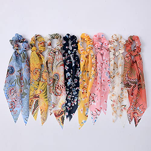 8 Pcs Elastic Hair Band, Ribbon Bow Scrunchies Ponytail Holder Floral Flower Polka Dot Scrunchy Ties For Women Girls - BeesActive Australia