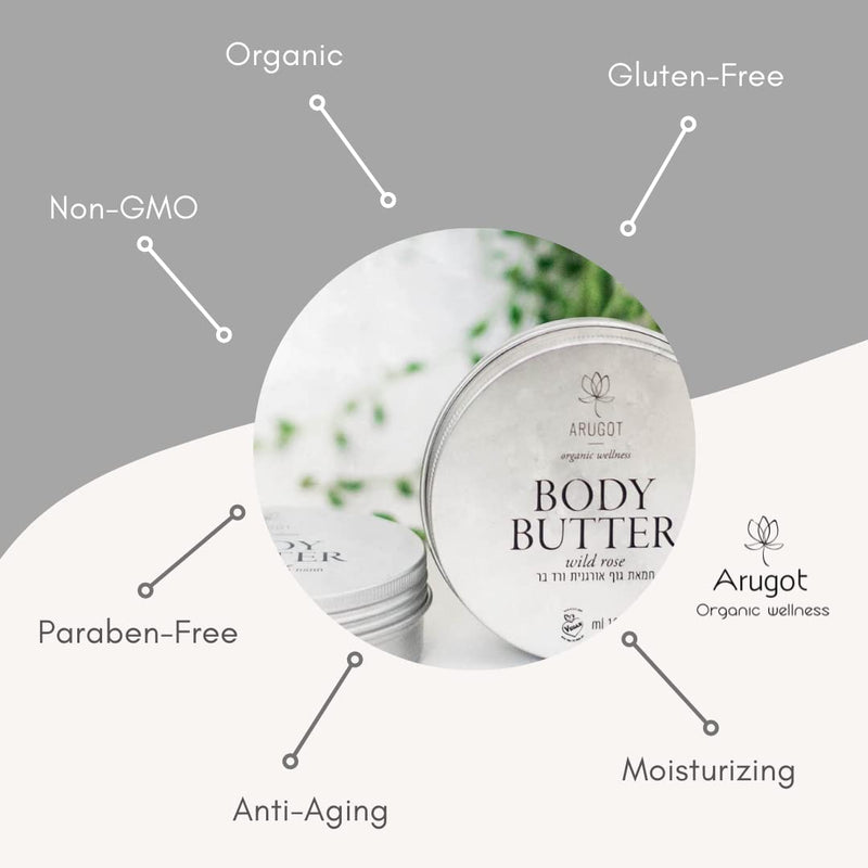Arugot Organic (USDA Certified) Wild Rose Natural Nourishing Body Butter, Made in Israel | Moisturizing Cream with Shea Butter for Happy Skin - Paraben Free & Vegan Friendly, 120ml - BeesActive Australia